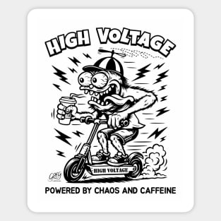 High Voltage Scooter, Powered By Chaos & Caffeine Sticker